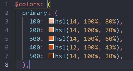 Screenshot of my colours from VS Code. Base color is set to hsl(12, 100%, 43%). From there, the lightness goes up in steps of 10 to 20%.